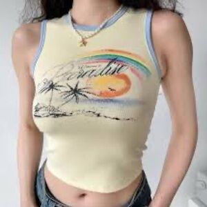 Yellow Graphic Tank Top with paradise palm tree design size S/P